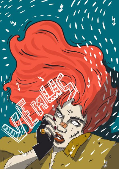 Illustration of a person with long, flowing red hair and a confident expression. They are wearing a fur-like coat and black gloves, with one hand near their face. The background is teal with white swirling lines, and the word "VENUS" is boldly written across the image. Part of the Featured Artists Collection by Blue Dog Posters, "Venus by Mari T" is crafted on high-quality 250gsm Satin Paper.