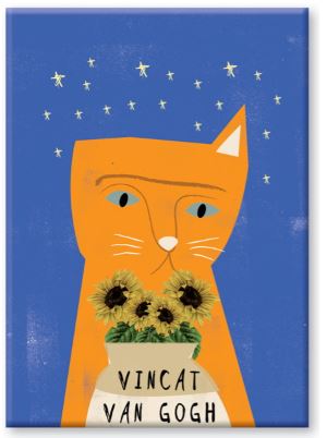 Illustration of an orange cat with a single ear, styled after Vincent van Gogh, holding a vase of sunflowers labeled "Vincat Van Gogh." The background is a deep blue sky with scattered yellow stars. Perfect for fridge magnets to wow your house guests. This charming piece is featured on the Vincent Van Gogh Cat Magnet by Nia Gould from Blue Dog Posters.