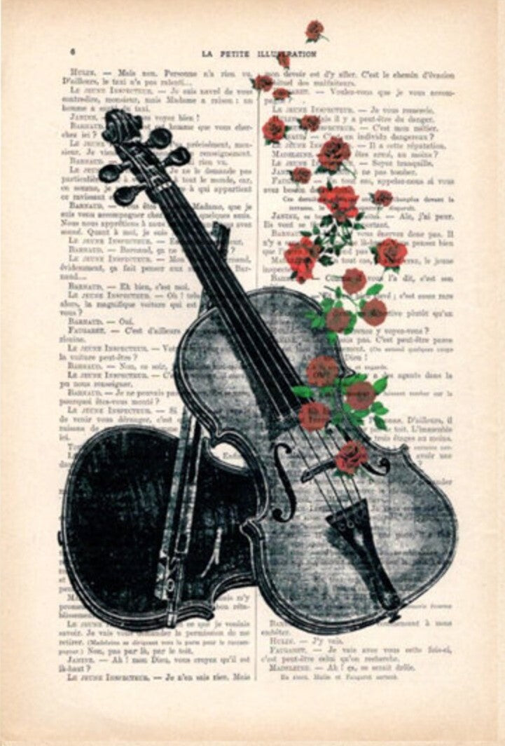 The Blue Dog Posters Antique Book prnt 29x19cm Violin features a vintage illustration of a violin and bow set against a page of French text. Red roses with green leaves cascade from one side of the violin, creating a striking contrast with the black-and-white background and adding a whimsical, artistic touch to the image.