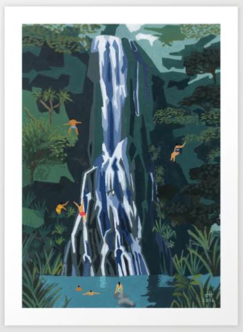 An illustrated scene from "Waterfall Stop by Helo Birdie" features a mesmerizing waterfall cascading down a rocky cliff into a pool surrounded by lush greenery. Several people are swimming in the pool, and two are jumping from the cliffs into the water. Plants and trees frame the waterfall, creating a serene environment in this Scenic Art Print brought to you by GAP.