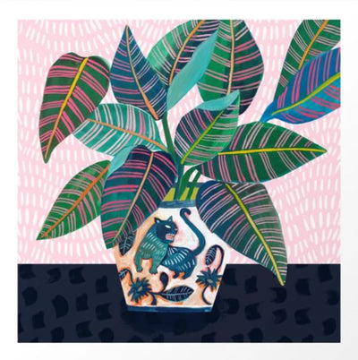 Wild Cat by Misha Blaise from GAL22 depicts a potted plant with green, pink, and blue variegated leaves. The pot features a playful cat design on a pink background with white dashes, printed on high-quality archival paper for enduring beauty.