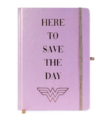 Introducing the Wonder Woman Save A5 Premium Notebook by Blue Dog Posters: This elegant light purple journal boasts the inspiring words "Here to Save the Day" printed in gold on its cover, accompanied by a gold emblem that echoes Wonder Woman's iconic logo. The notebook is a premium item enhanced with a gold elastic band for secure closure and includes a ribbon bookmark, making it an ideal stationery gift.