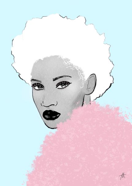 The stylized art print "Yolanda" by Antony Makhlouf, part of fap's Featured Artists Collection, showcases a woman with white, afro-textured hair set against a light blue background. Her face is adorned with bold makeup and a piercing gaze. A textured, abstract pink shape obscures the lower part of her torso. This artwork is printed on 250gsm satin paper.