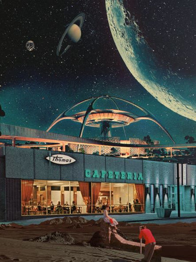 A futuristic cafeteria named 'Thomas' is set under a crescent moon and a Saturn-like planet, where patrons dine beneath a starry sky. Outside, two people in retro-futuristic attire work with a pink hose on a dusty surface, seamlessly blending modern and vintage elements. This scene looks as if it's been captured in an Art Print from Blue Dog Posters' exclusive Featured Artists Collection—specifically "A Postcard from Year 2346" by Frank Moth.