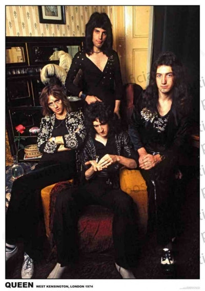The MUS 270 "Queen - London 1974" poster features the band posing in a vintage room, surrounded by books, art, and a red rose—a classic piece for any music or rock collection.