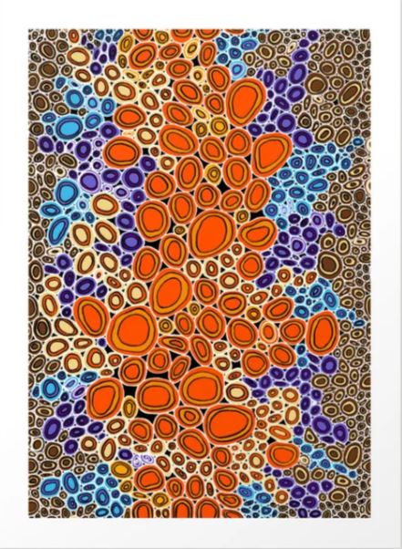 The Authentic Aboriginal Print 5 by GAL13 showcases vibrant orange ovals centered among purple, blue, and brown shapes in a dynamic, textured abstract design on archival paper, part of the Gallery Series from Hogarth Arts.