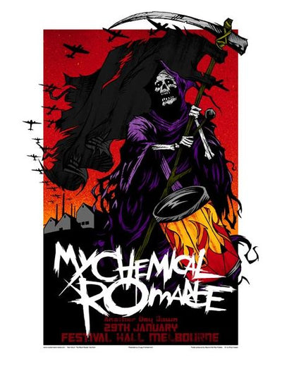 A My Chemical Romance Limited Edition silk screen print poster by TAP featuring a skeleton in a hooded purple cloak holding a scythe. Planes fly in the red sky, with buildings visible in the background. Text reads "My Chemical Romance, 29th January, Festival Hall, Melbourne" as part of the Tour Prints Collection.