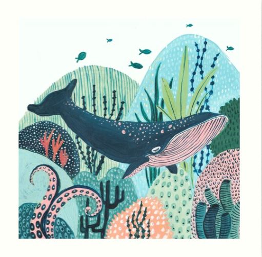 A colorful, whimsical underwater scene featuring a large blue whale swimming among vibrant coral reefs and marine plants. Small fish swim nearby, and various shades of green, blue, and pink create a lively, textured background in this stunning "Blue Whale by Ambers Textiles" Art Print from the GAP Gallery Series on high-quality archival paper.