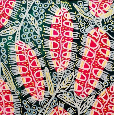 This artwork, titled "Bush Tucker & Medicines" by Julianne Wade and offered by Blue Dog Posters, showcases an abstract pattern of bold, colorful shapes that evoke coral or sea plants. The design features red and pink elongated forms with white and yellow accents against a dark backdrop peppered with green and blue circular patterns, all printed on matte art paper.