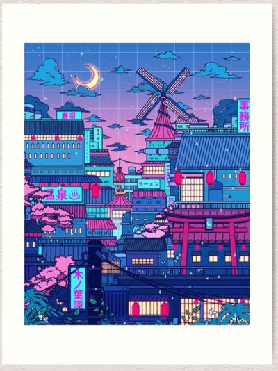 Cyberpunk Village by Seerstuff from GAP features a vibrant, futuristic illustration of a cityscape at dusk, adorned with neon-lit Japanese signs, a windmill, and traditional-style buildings. The purple sky is dotted with stars and clouds, with a crescent moon hanging above. Cherry blossom trees line the foreground in this stunning gallery series art print, available on archival paper.