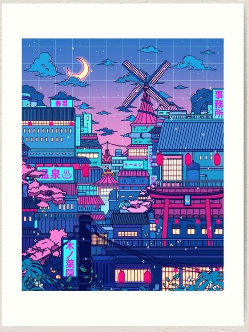 Cyberpunk Village by Seerstuff from GAP features a vibrant, futuristic illustration of a cityscape at dusk, adorned with neon-lit Japanese signs, a windmill, and traditional-style buildings. The purple sky is dotted with stars and clouds, with a crescent moon hanging above. Cherry blossom trees line the foreground in this stunning gallery series art print, available on archival paper.
