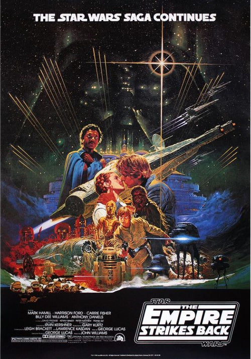 Immerse yourself in the classic "The Empire Strikes Back" from the Star Wars saga with the Extra Large Star Wars Poster by IMP 017. This premium poster showcases Luke Skywalker, Princess Leia, and Han Solo on high-quality 150gsm gloss paper. The striking design features Leia and Han embracing amidst a backdrop of action scenes, spaceships, and planets.