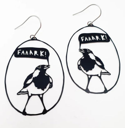 Introducing the Denz Faaaark the Lark Black Earrings by Blue Dog Posters: a striking pair of statement earrings designed in the shape of birds enclosed in an oval outline. Each bird is illustrated with its beak open inside a speech bubble reading "FAAARK!" Crafted from recycled stainless steel, these lightweight earrings feature thin hooks for easy wearing.