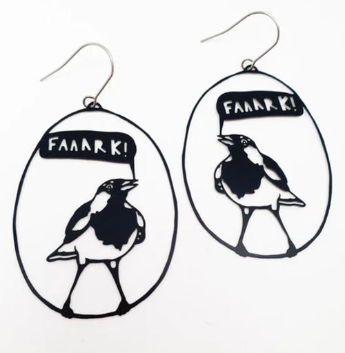 Introducing the Denz Faaaark the Lark Black Earrings by Blue Dog Posters: a striking pair of statement earrings designed in the shape of birds enclosed in an oval outline. Each bird is illustrated with its beak open inside a speech bubble reading "FAAARK!" Crafted from recycled stainless steel, these lightweight earrings feature thin hooks for easy wearing.