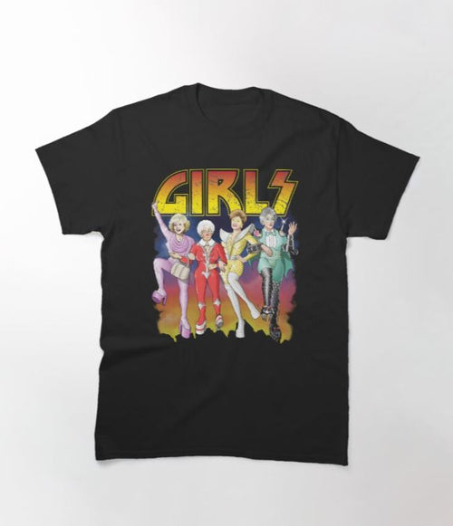 The Golden Girlz Kiss T-shirt in black, available in size SML, from Blue Dog Posters features colorful graphic art of four animated female characters in vibrant outfits. They stand beneath the bold, stylized text "GIRLS" in yellow and red against a gradient background transitioning from dark to light. This cool T-shirt is perfect for fans of Andrew Ahem Art.
