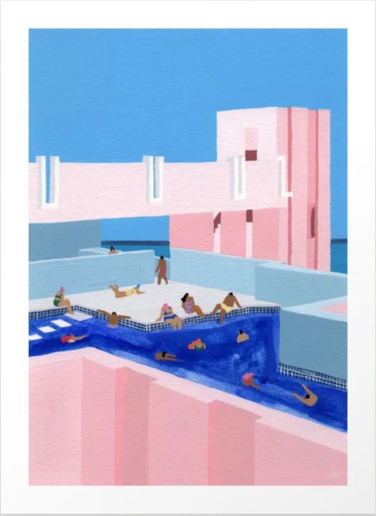 Spain Pool by Helo Birdie, from GAL8's Gallery Series, is an art print depicting stylized figures around a rooftop pool with modern pink and white structures under a blue sky. It's beautifully rendered on archival paper.