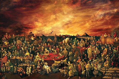 The ALT "Personalities in History" poster features a vibrant scene of historical figures and celebrities at sunset. Printed on premium 150gsm gloss paper, it depicts them engaging in various activities amidst classic artifacts, pyramids, and architectural wonders.