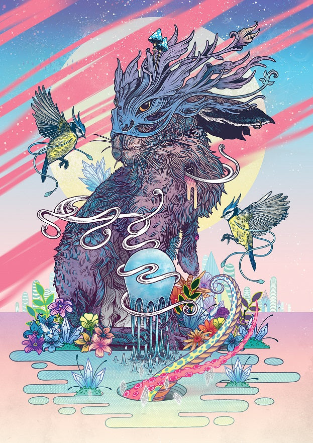 A whimsical fantasy scene unfolds with a large, mythical creature resembling a rabbit with antlers and a butterfly on its head. Surrounding it are bright, colorful flowers and two small bird-like creatures against a vibrant backdrop featuring a large sun and abstract shapes. Perfect for an ART 026 Mat Miller - Communion printed on premium 150gsm gloss paper.