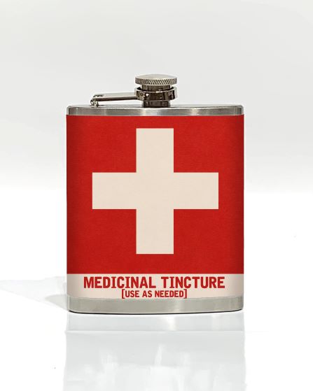 A stainless steel hip flask with a red label displaying a white cross and the text "MEDICINAL TINCTURE [USE AS NEEDED]" at the bottom. The Medicinal Tincture Hip Flask, part of our Cool Gifts Collection from Blue Dog Posters, has a screw cap and is set against a plain white background.