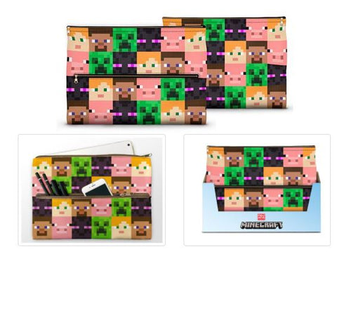 Three images of Minecraft-themed, durable zippered pouches for pencils. The top image features two pouches showcasing pixelated character faces. The bottom left image highlights a 33x25cm "Minecraft Jumbo iPad Pencil Case" from Blue Dog Posters, holding various writing tools and perfectly sized for an iPad. The bottom right image displays a Minecraft pouch against a blue backdrop.
