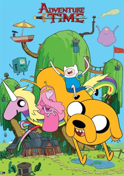 Finn and Jake from "Adventure Time" ride Lady Rainicorn while Princess Bubblegum, Lumpy Space Princess, and BMO float nearby. The backdrop shows their treehouse home with a sign reading "Adventure Time" at the top, making this Adventure Time - House by MTV 275 a perfect addition to any Movies & TV Collection.