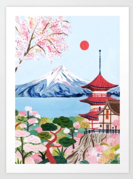 The vibrant illustration showcases a traditional Japanese scene featuring a red pagoda, cherry blossoms, and lush greenery in the foreground. Majestically in the background stands snow-capped Mount Fuji under a blue sky adorned with a red sun. This exquisite art print, titled "Mount Fuji by Ambers Textiles," is part of GAP's exclusive Gallery Series on high-quality archival paper.