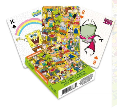 Introducing the Nickelodeon Cast Playing Cards by Blue Dog Posters: A vibrant and colorful deck that brings back the nostalgia of the 90s - 2000s. The King of Clubs features SpongeBob SquarePants, while Invader Zim shines on the 8 of Diamonds. Each card back showcases a variety of beloved cartoon characters from that iconic era.
