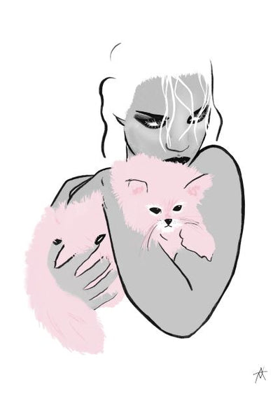 A stylized illustration titled "P.P - Antony Makhlouf" from the fap brand depicts a person with light-colored hair holding a fluffy pink cat. The face is partially obscured by their hair, and they are looking intently at the viewer. Printed on high quality Satin Paper, this art print is part of the Featured Artists Collection, showcasing its monochromatic elegance with the cat as the main source of color.