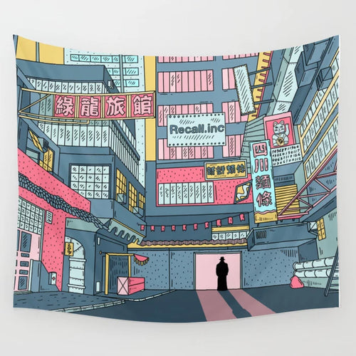 Blue Dog Posters' Dicks Electric Dream Art Textile Small captures a bustling urban scene with various buildings adorned with neon signs in different languages. A lone figure wearing a hat stands at the center, casting a long shadow that adds an element of mystery to the cityscape, which is vividly brought to life through vibrant colors.