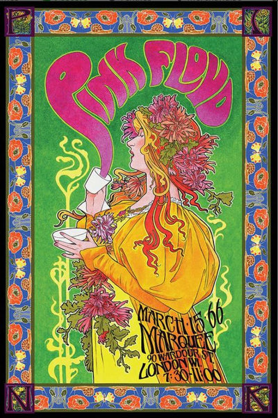 The "Pink Floyd Marquee London 1966" poster by MUS 329 showcases a vibrant, colorful psychedelic rock design featuring a woman with floral hair set against a vivid green background. Above her, "Pink Floyd" is inscribed in wavy pink text. The poster includes details about the March 15th, 1966 concert at 'Marquee 90 Wardour St. London W1' at 7:30 PM, making it an ideal addition to any music collection.