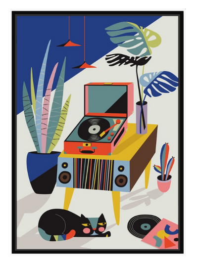 Chill Out Saturday by Rachel Lee (40x50cm, DEC35) features a vibrant retro record player scene with vinyls, plants, lamps, and a black cat—printed on archival paper as part of our Gallery Series.