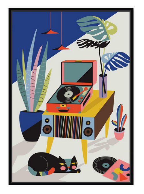 Chill Out Saturday by Rachel Lee (40x50cm, DEC35) features a vibrant retro record player scene with vinyls, plants, lamps, and a black cat—printed on archival paper as part of our Gallery Series.