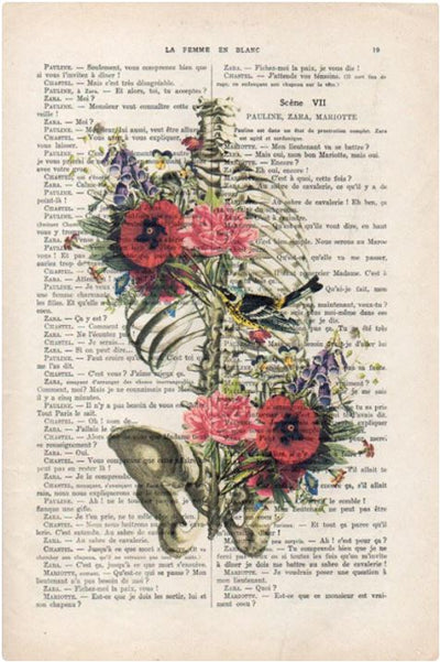 A page from an antique French book with text, overlaid with a unique print of an anatomical illustration of a human ribcage. The ribcage is filled with vibrant flowers, including red poppies, pink roses, and other blossoms. Among the illustrated designs, a bird is perched among the flowers: Antique Book print 29x19cm Rib Cage Bird by ABP.