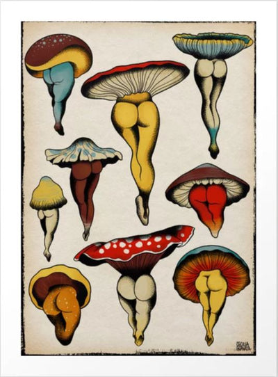 The "Sexy Mushrooms by Ceci Tattoos A2" from GAL152 features mushroom illustrations with leg-like stems and uniquely patterned caps, creating a surreal nature-form fusion. It's printed on archival paper for lasting quality, ideal for any gallery series.