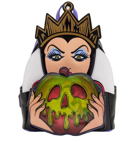 The Snow White Evil Queen Apple Mini Backpack by Blue Dog Posters features a cartoon-style portrayal of the iconic villain from Snow White holding a green, dripping poison apple. The queen's face peeks over the apple with her crown atop her head and her hands gripping its sides—an ideal choice for fans of iconic Villains Scenes Mini Backpacks.