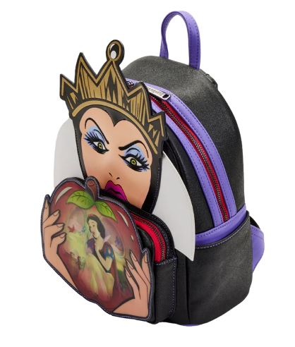 The Blue Dog Posters Snow White Evil Queen Apple Mini Backpack showcases the iconic villain from Snow White, depicted holding a large red apple, alongside an image of Snow White. This Villains Scenes Mini Backpack features purple straps and detailing, with white and red accents. The Evil Queen's face stands out prominently from the top flap of the small front pocket.