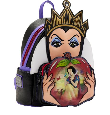 The Snow White Evil Queen Apple Mini Backpack by Blue Dog Posters is a colorful accessory featuring the Evil Queen from Snow White holding a red apple. The apple displays an illustration of Snow White with her animal friends inside it. This Disney Villains Scenes Mini Backpack showcases a black design accented with purple and red, complete with a handle and adjustable straps.