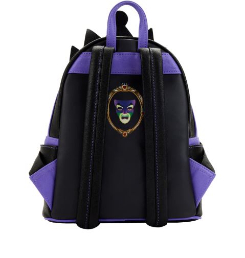 Introducing the Snow White Evil Queen Apple Mini Backpack from Blue Dog Posters—a compact accessory featuring black and purple accents, complete with a graphic of the menacing queen's face inside an ornate mirror frame on the back. This Loungefly bag includes a top handle and double straps for carrying.