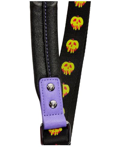 The Snow White Evil Queen Apple Mini Backpack by Blue Dog Posters features a black strap detailed with a yellow and red dripping skull design, adorned with two snaps and finished with a purple attachment at the end, making it the perfect addition to any Loungefly collection.
