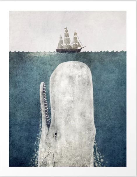 The White Whale by Terry Fan from GAP's Gallery Series illustrates a large white whale submerged in deep blue water, gazing up at an old-fashioned sailing ship on the surface. The ship's multiple masts with sails accentuate the dramatic scale between the whale and the vessel. This stunning artwork is available as an art print on archival paper.