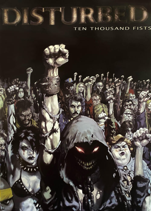 An illustrated album cover for MUS 203's Disturbed. A cloaked figure with a sinister smile and glowing red eyes raises a clenched fist, surrounded by a crowd doing the same. The dark background enhances the unity and defiance of the crowd, making it perfect for any rock poster collection.