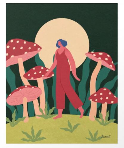 The stylized illustration titled "Walking Among Mushrooms by Burcu Koleli" from Blue Dog Posters features a person with blue hair wearing a red outfit, strolling among large red and white mushrooms under a full moon in a green, grassy landscape. The background showcases green plants and a dark sky. This Art Print is part of our exclusive Gallery Series, printed on archival paper for lasting quality.
